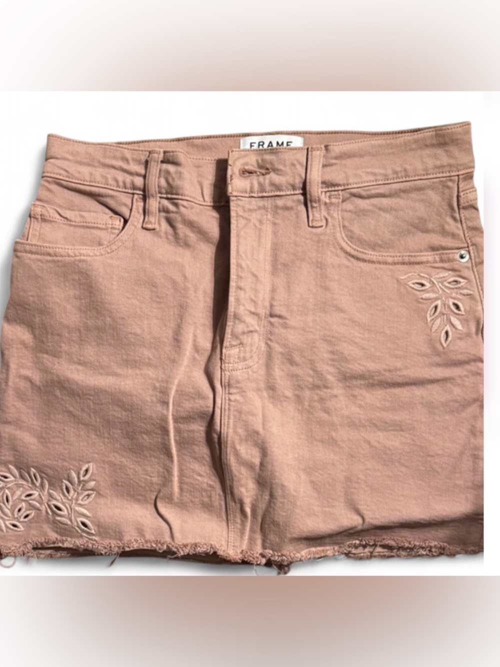 Frame Denim Blush Pink Embroidered Denim Mini Skirt